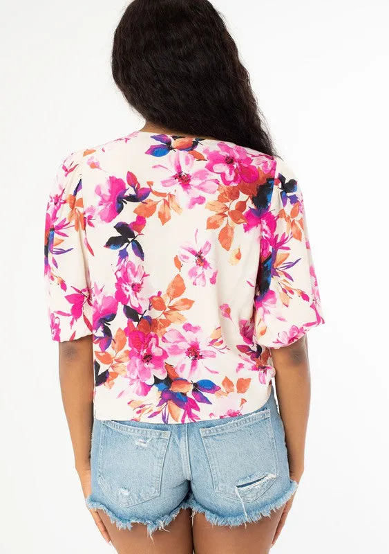 Lovestitch Floral 3/4 Sleeves Tie Front Top