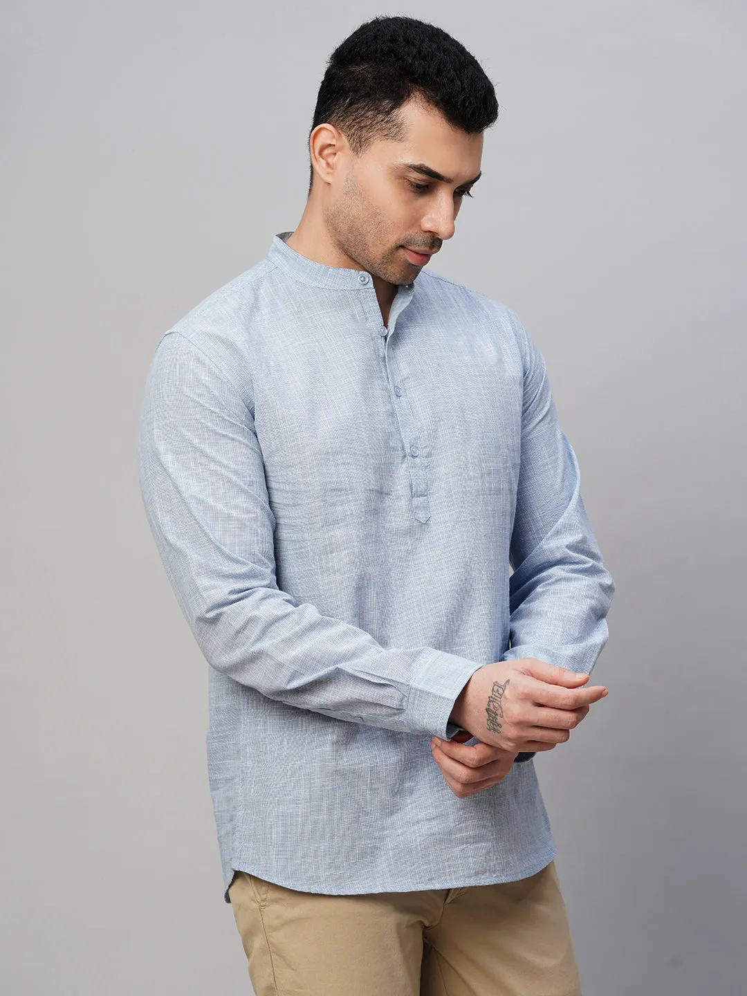 Men's Blue Cotton Regular Fit Kurta Checked Shirt