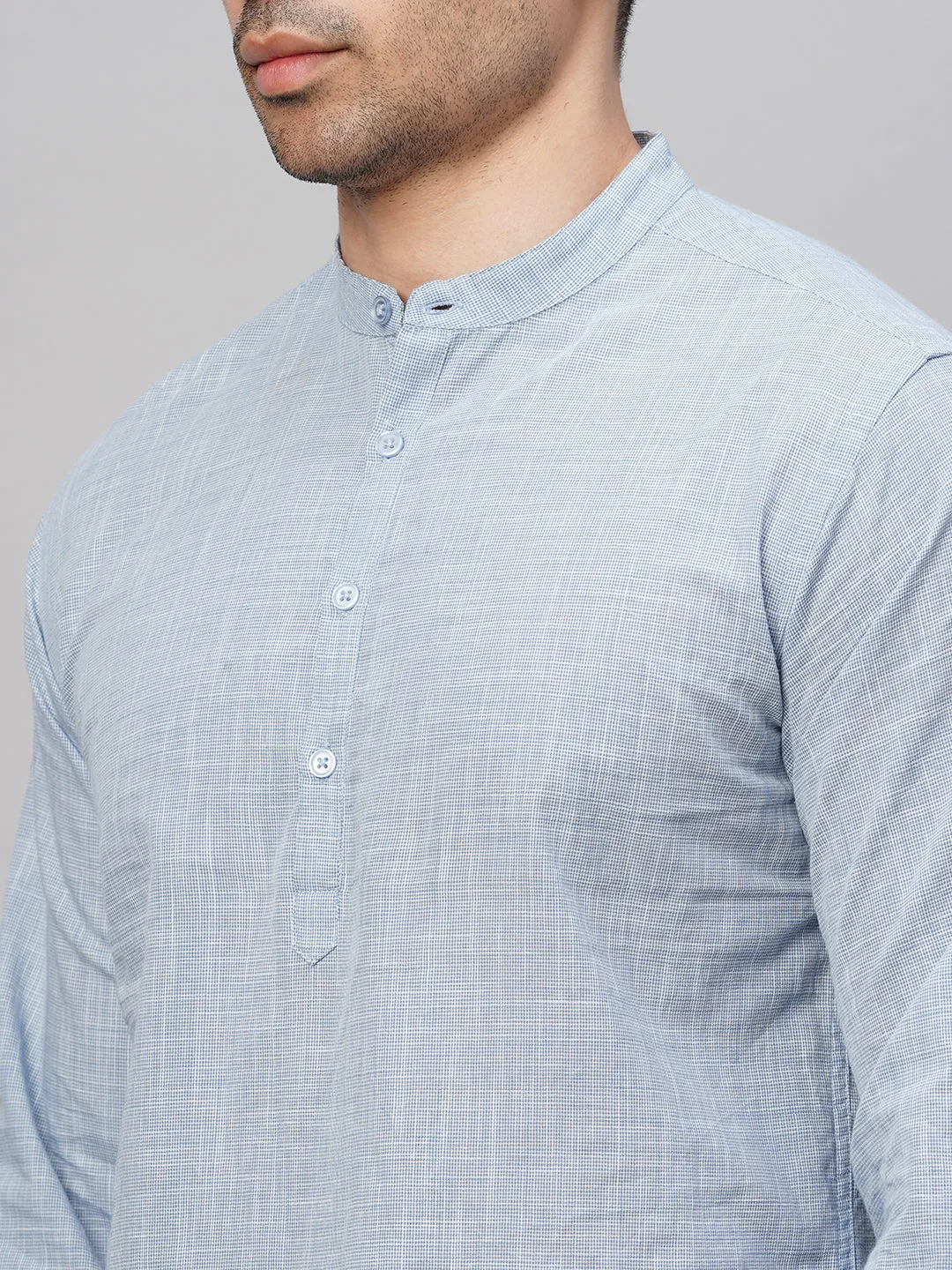 Men's Blue Cotton Regular Fit Kurta Checked Shirt