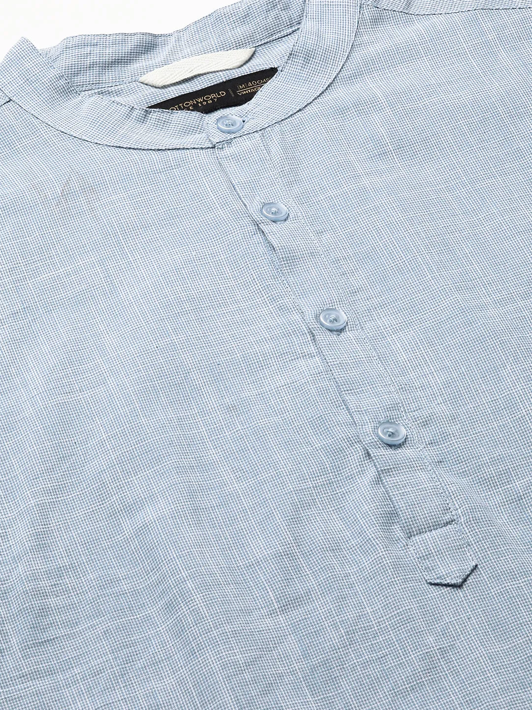 Men's Blue Cotton Regular Fit Kurta Checked Shirt