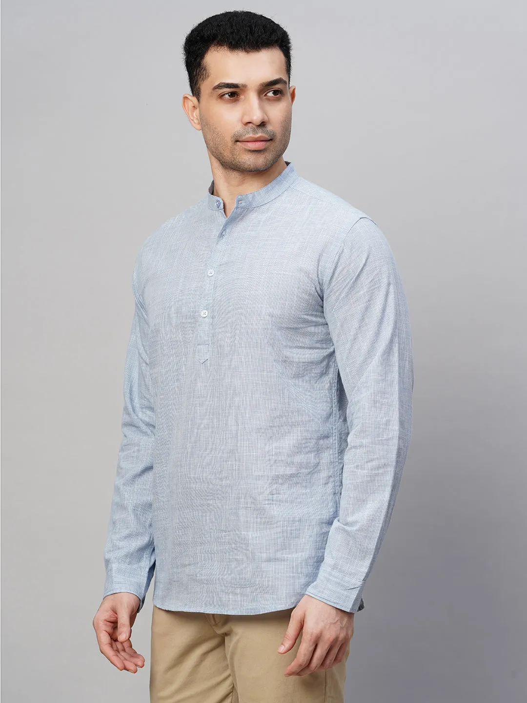 Men's Blue Cotton Regular Fit Kurta Checked Shirt