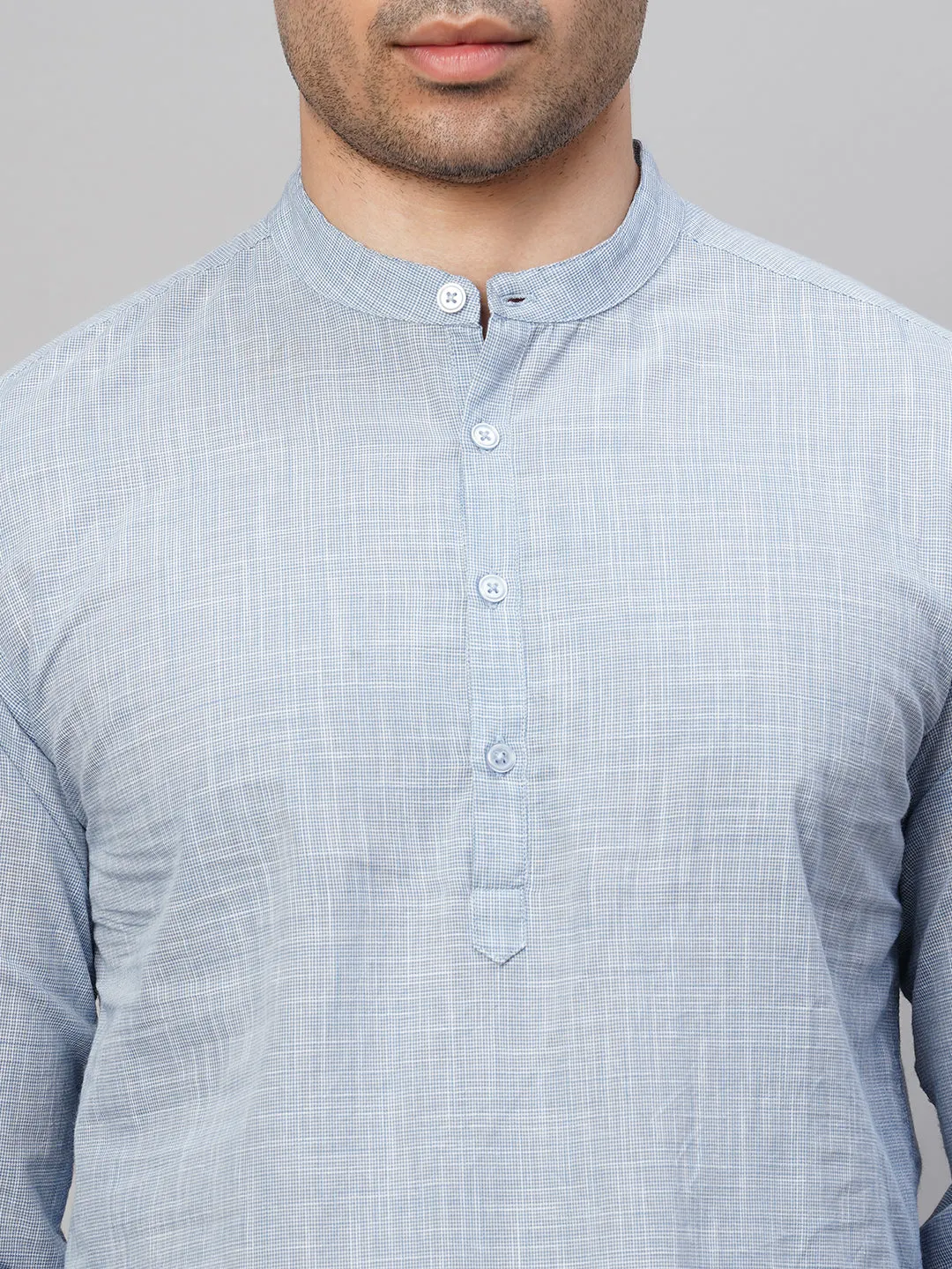 Men's Blue Cotton Regular Fit Kurta Checked Shirt