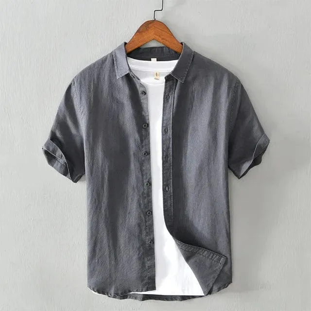 Men's Casual Cotton Linen Short Sleeve Shirt - Classic Summer Fashion with Turn-Down Collar