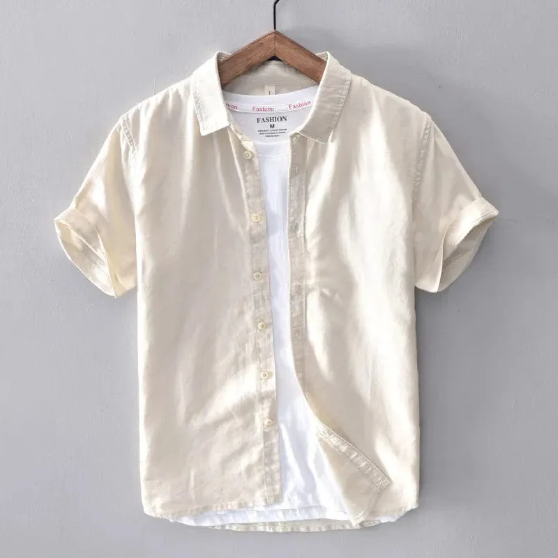 Men's Casual Cotton Linen Short Sleeve Shirt - Classic Summer Fashion with Turn-Down Collar