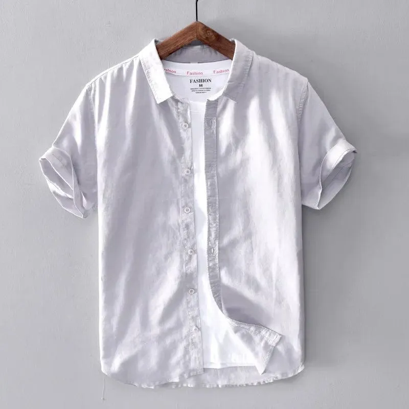 Men's Casual Cotton Linen Short Sleeve Shirt - Classic Summer Fashion with Turn-Down Collar