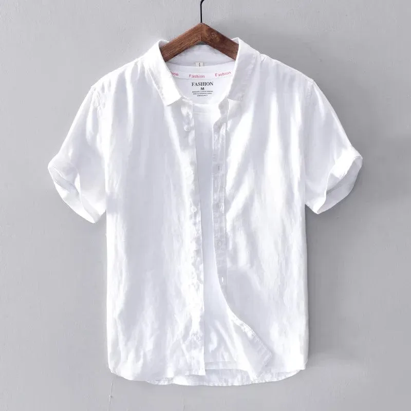 Men's Casual Cotton Linen Short Sleeve Shirt - Classic Summer Fashion with Turn-Down Collar