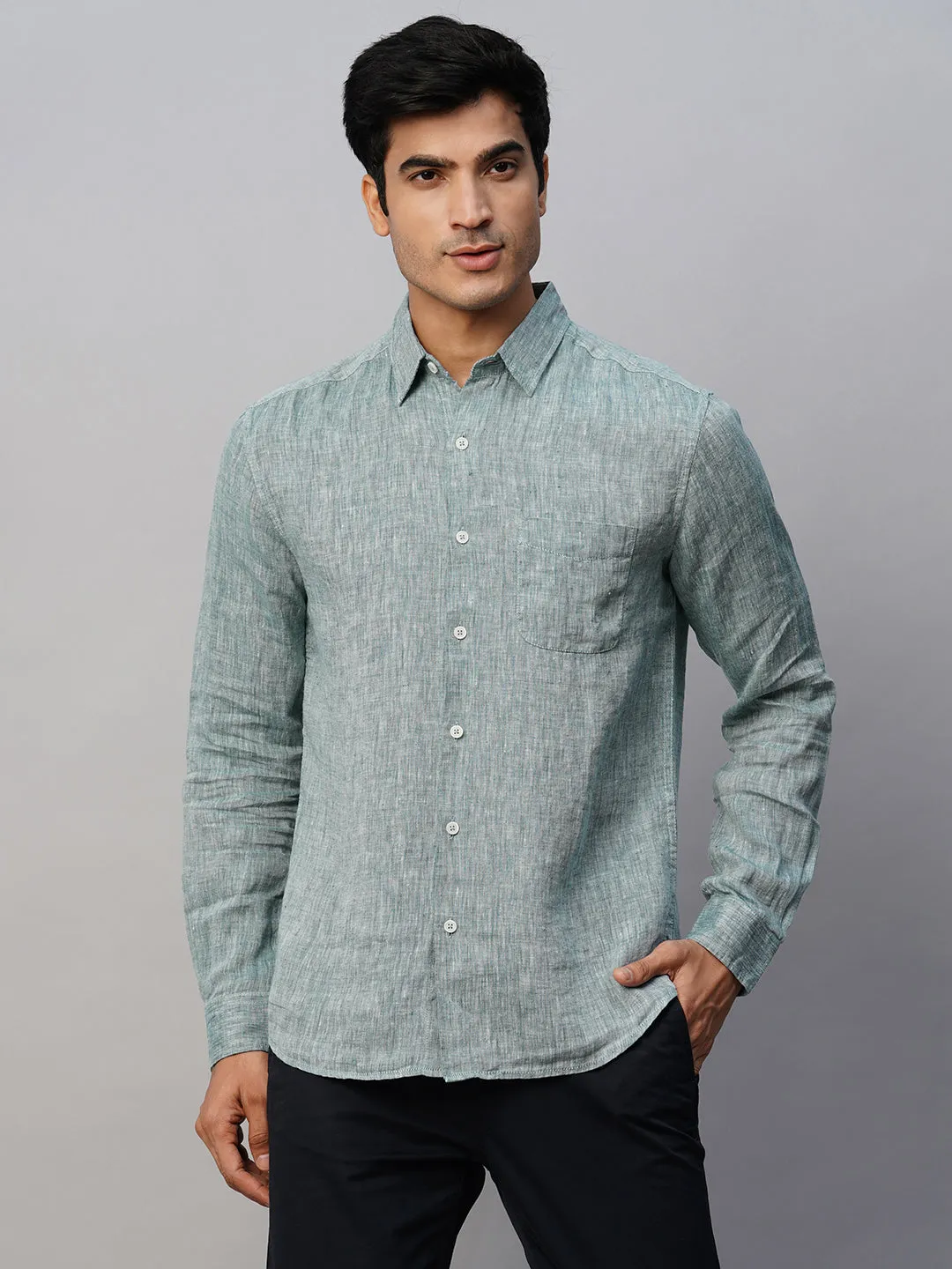 Men's Dark Green 100% Linen Regular Fit Long Sleeved Shirt