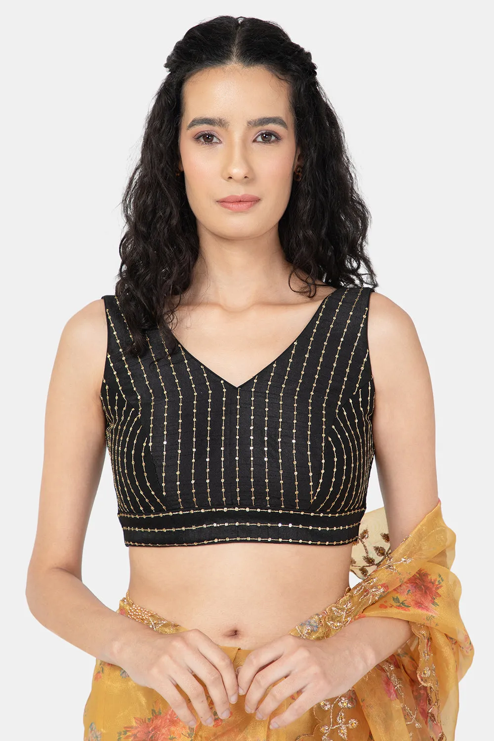 Naidu Hall Ethnic Saree Blouse V-Neck Sleeveless - Black