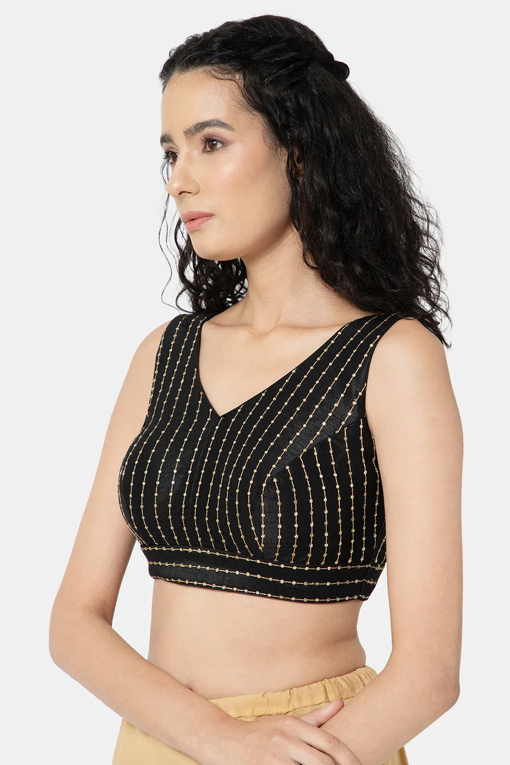 Naidu Hall Ethnic Saree Blouse V-Neck Sleeveless - Black