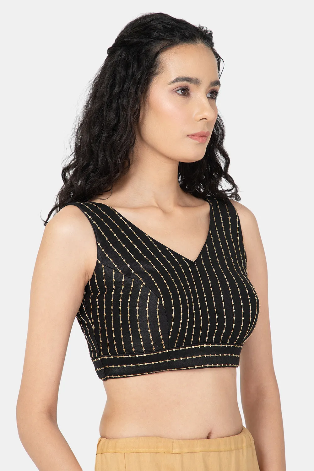 Naidu Hall Ethnic Saree Blouse V-Neck Sleeveless - Black