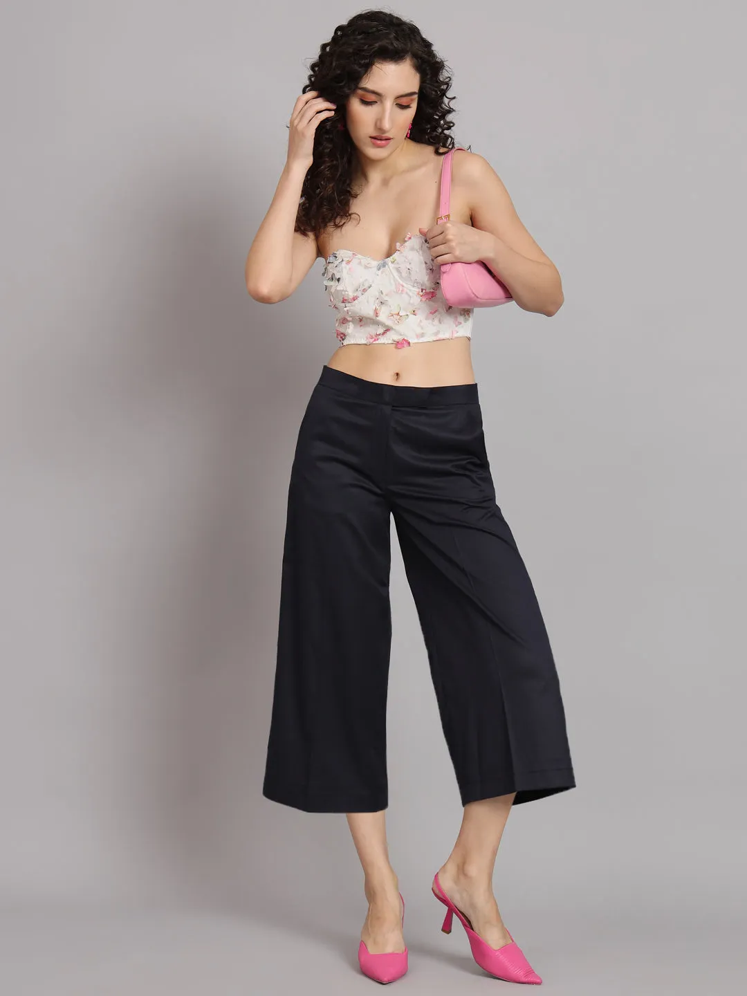 Poly Cotton Mid Waist Culottes- Navy Blue