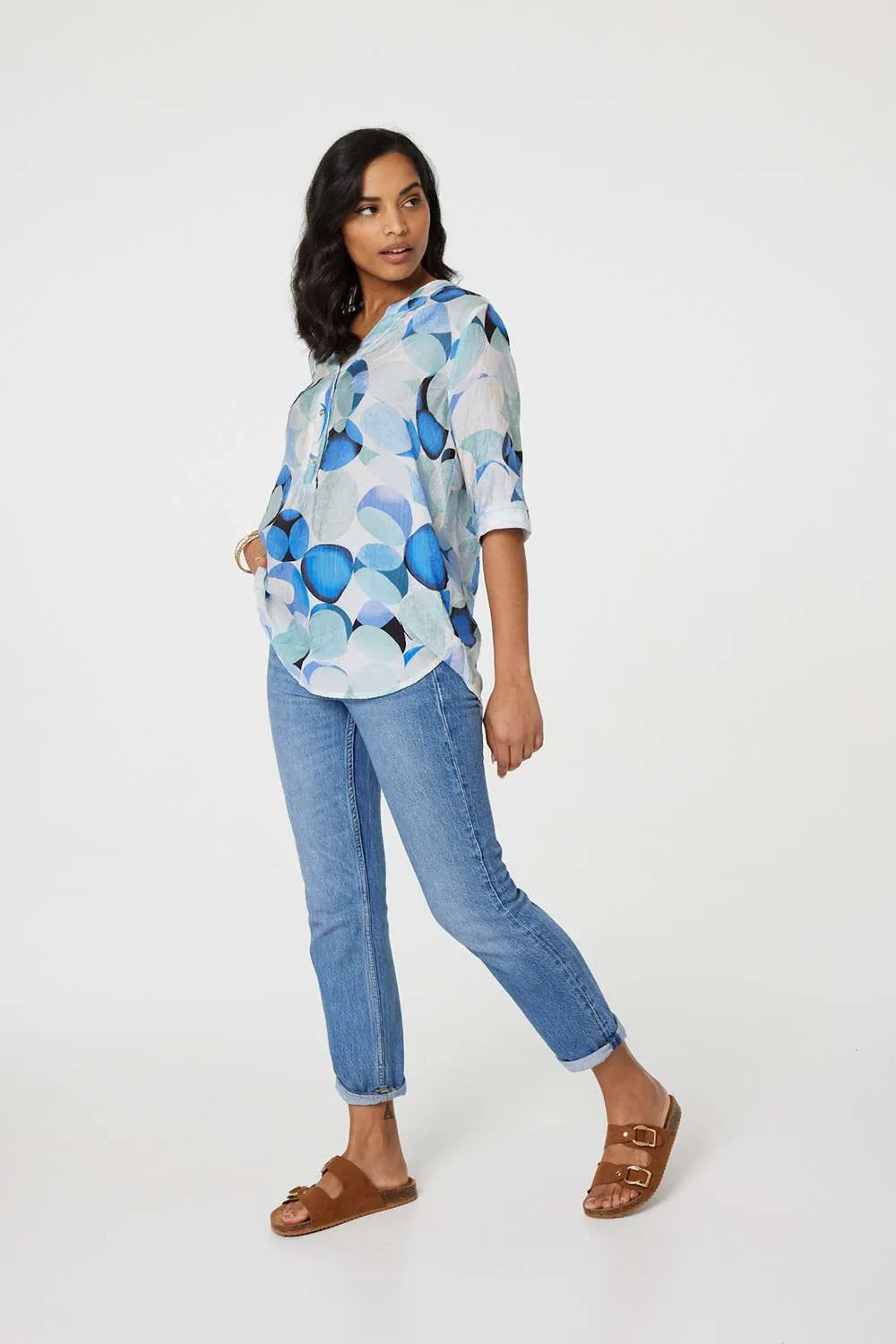 Printed 1/2 Sleeve Curve Hem Blouse