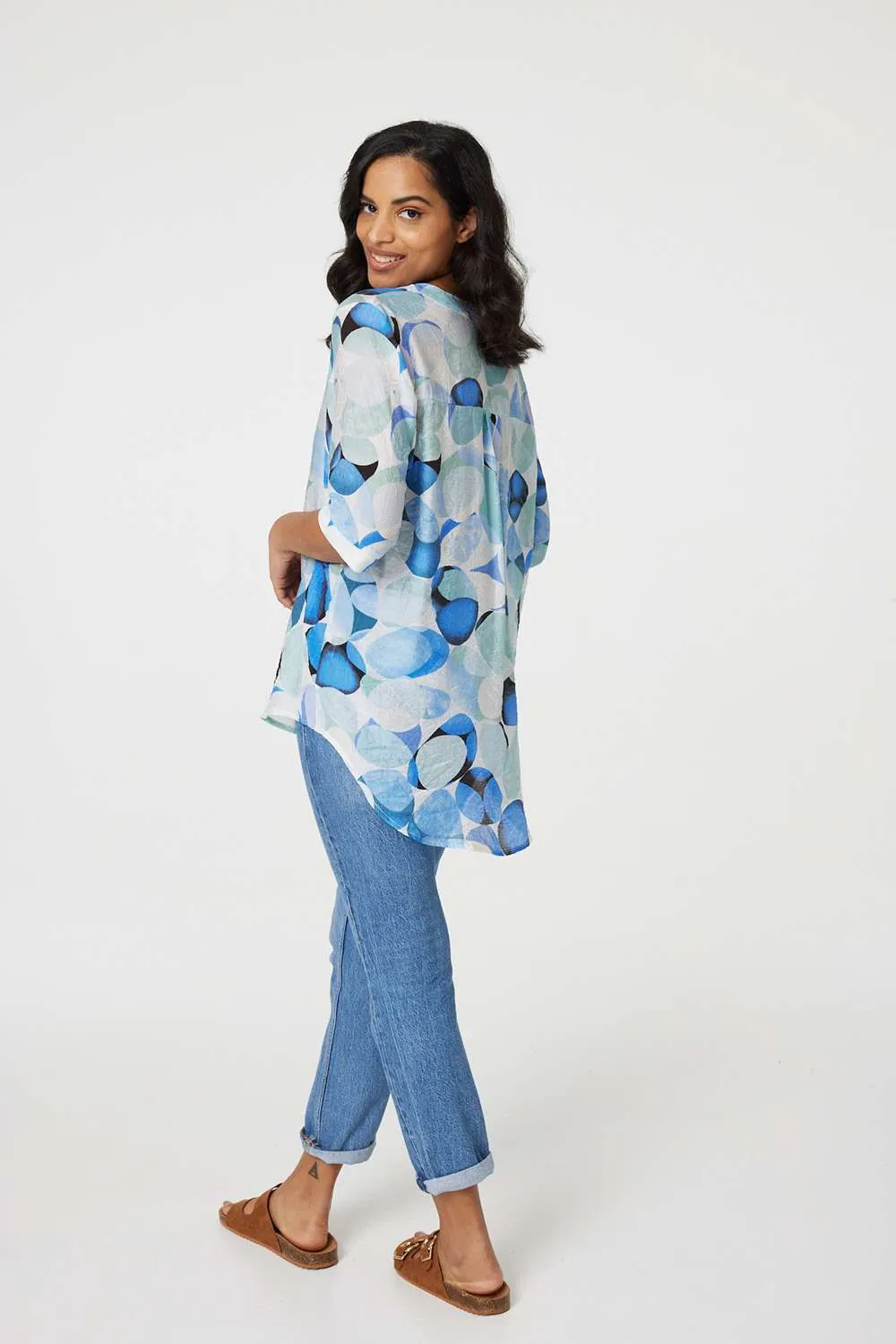 Printed 1/2 Sleeve Curve Hem Blouse