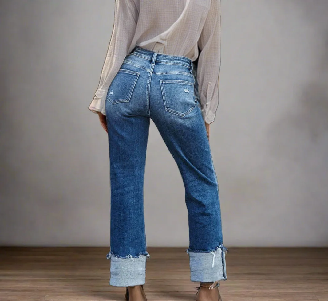 Raw Hem Cuffed Straight Jeans