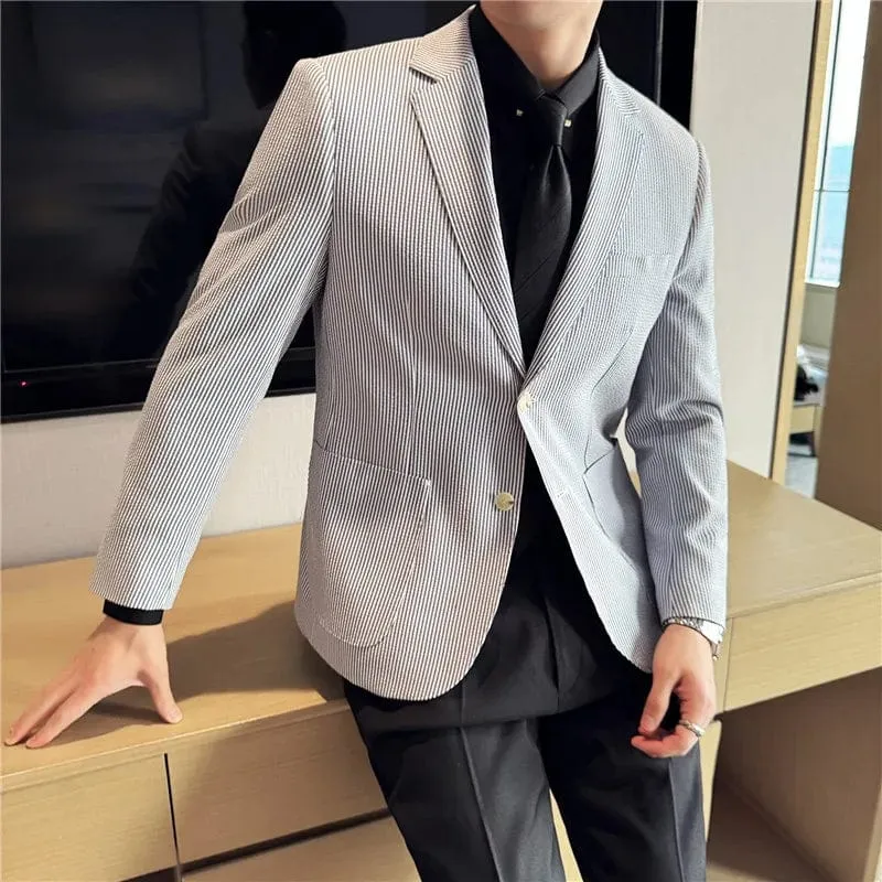 Stylish Men's Fashion Striped Business Suit Jacket: Casual Elegance for Weddings, Social Events, and Everyday Wear