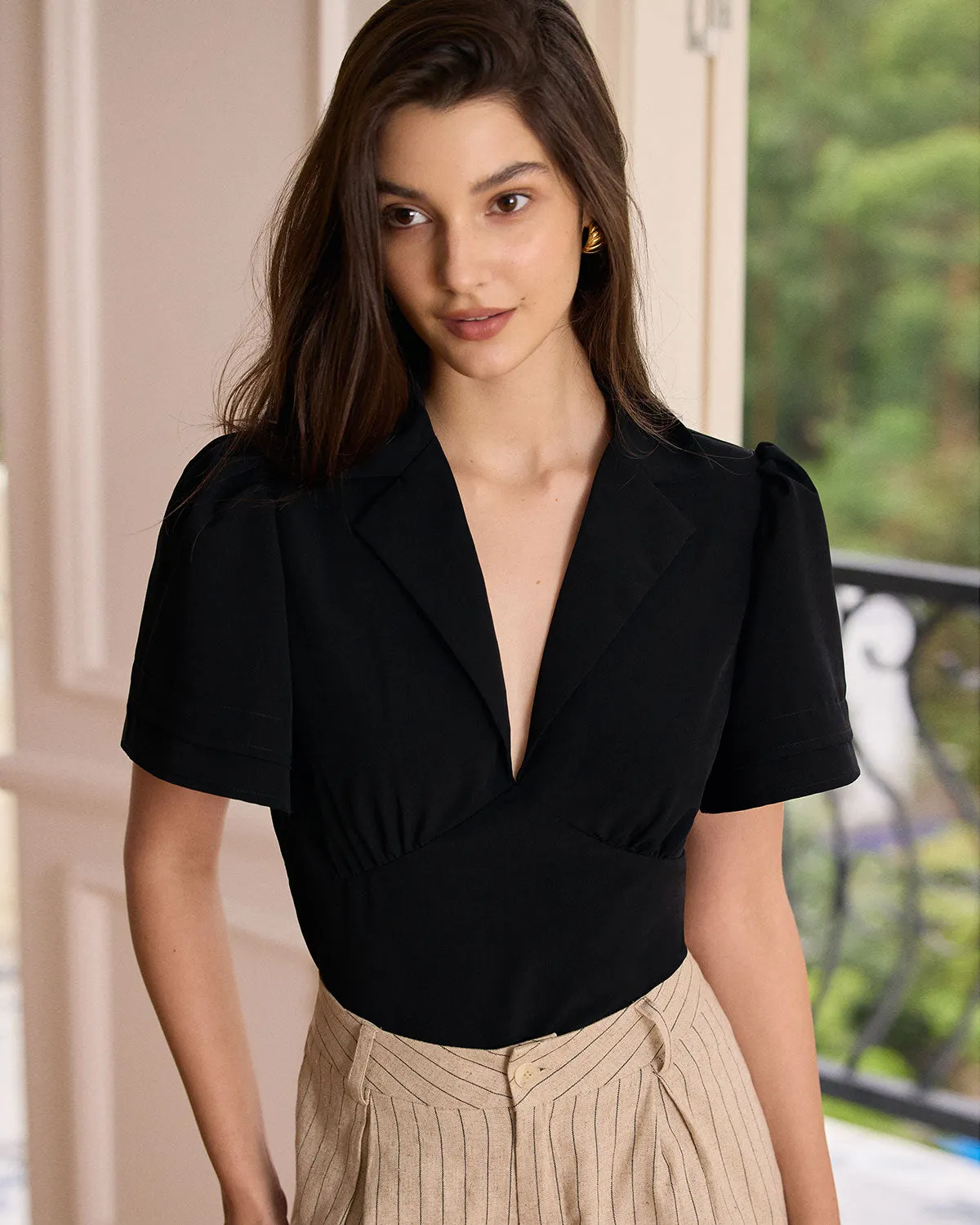 The Black Lapel Ruched Blouse