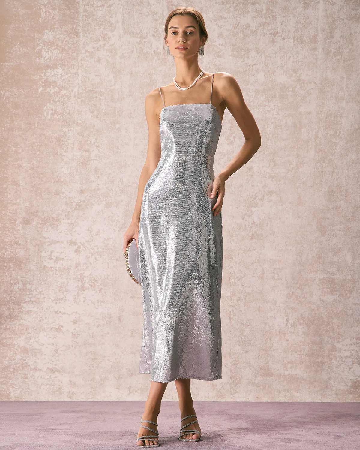 The Silver Sequin Sleeveless Strap Maxi Dress