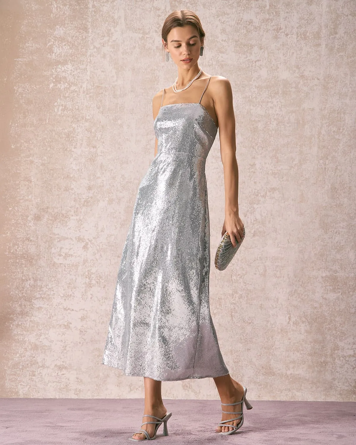 The Silver Sequin Sleeveless Strap Maxi Dress