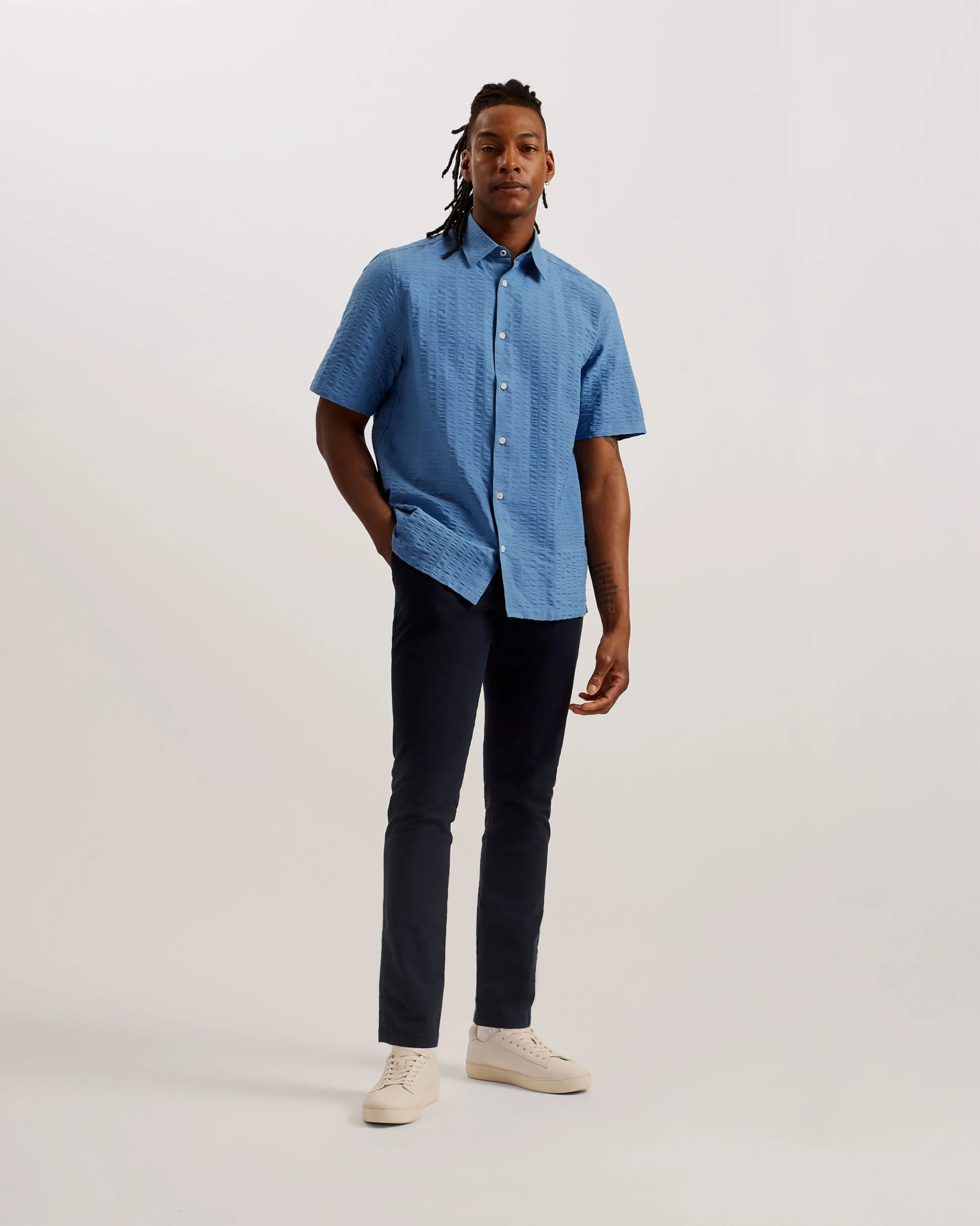 Verdon Seersucker Stripe Cotton Shirt Blue