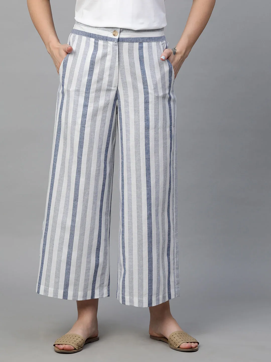 Women's Blue Cotton Linen Regular Fit Culotte